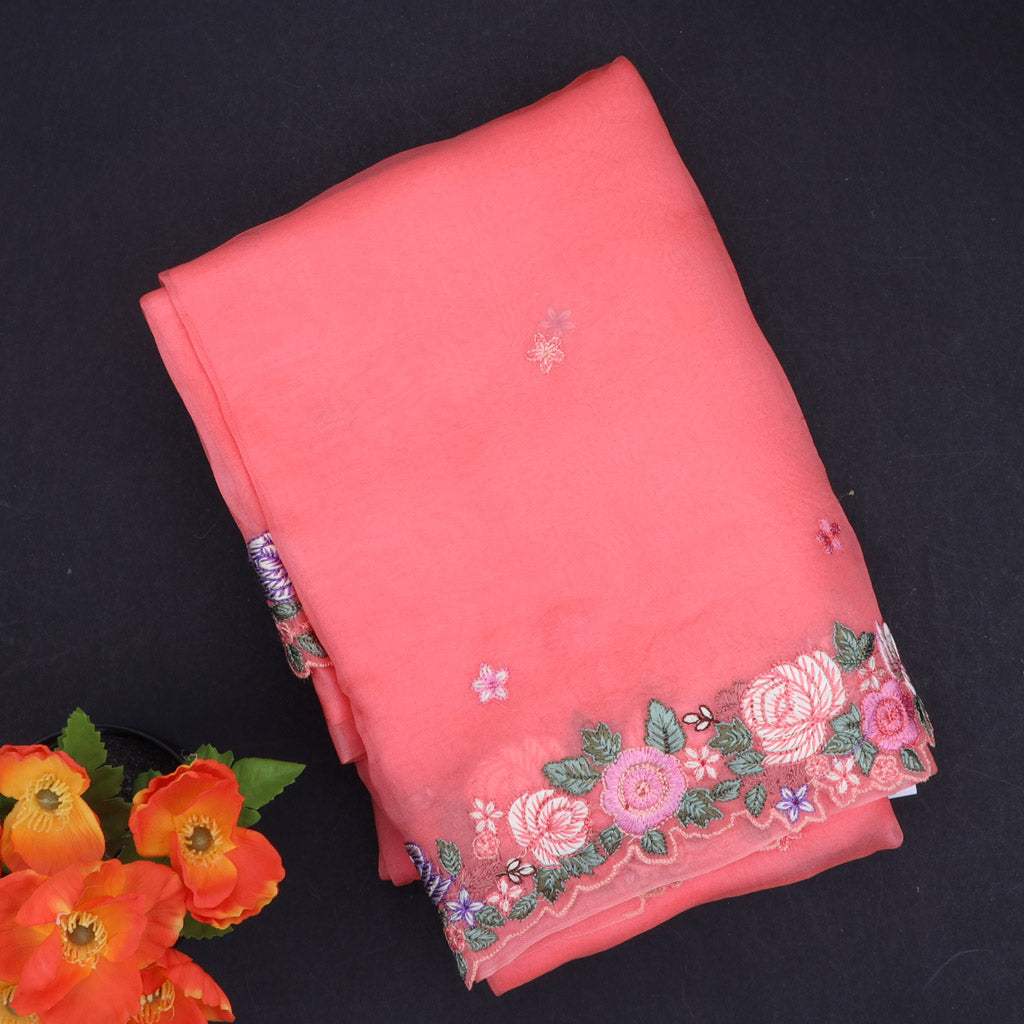 Coral Peach Pink Organza Saree With Floral Embroidery - Singhania's