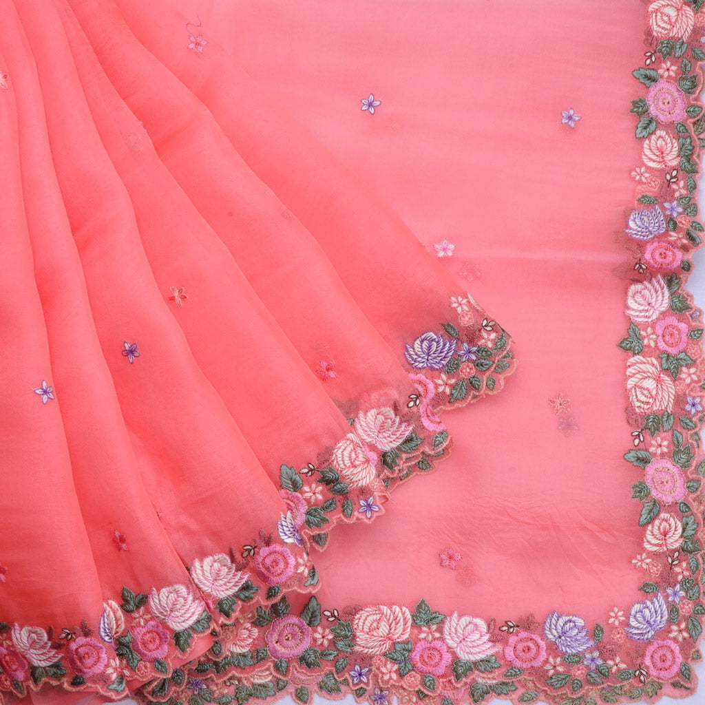 Coral Peach Pink Organza Saree With Floral Embroidery - Singhania's