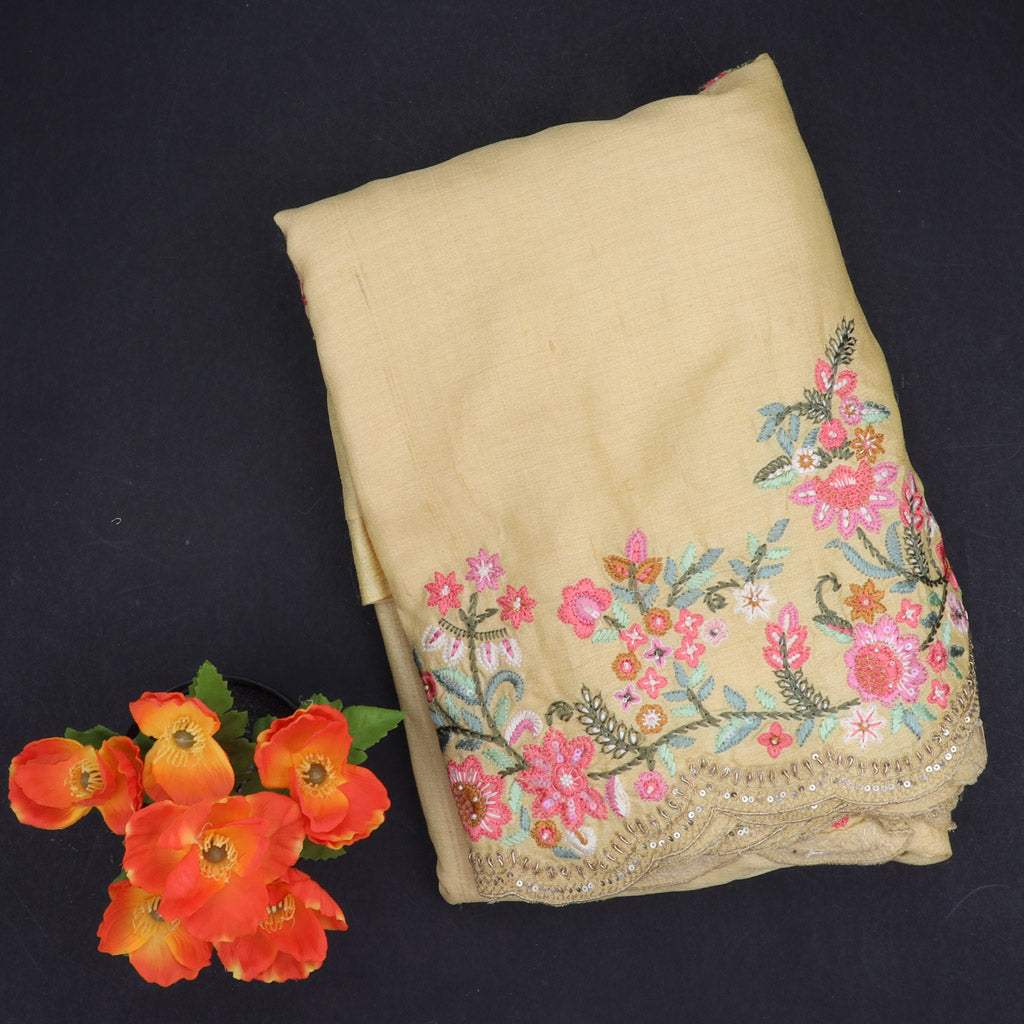 Custard Yellow Tussar Saree With Floral Embroidery - Singhania's