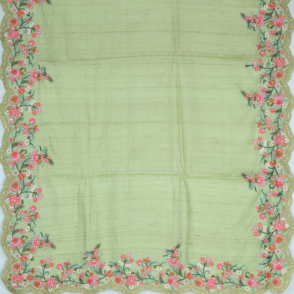 Pastel Green Tussar Embroidery Saree With Floral Border - Singhania's