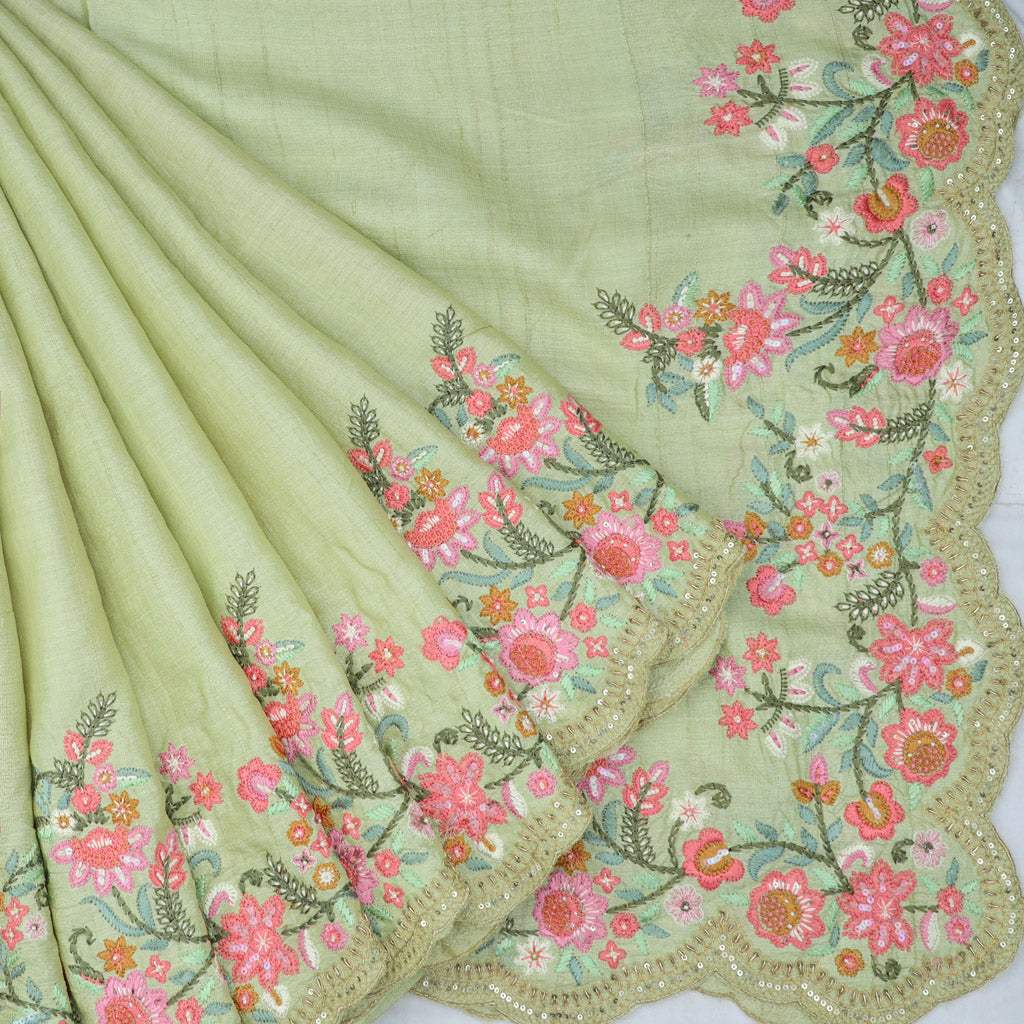 Pastel Green Tussar Embroidery Saree With Floral Border - Singhania's