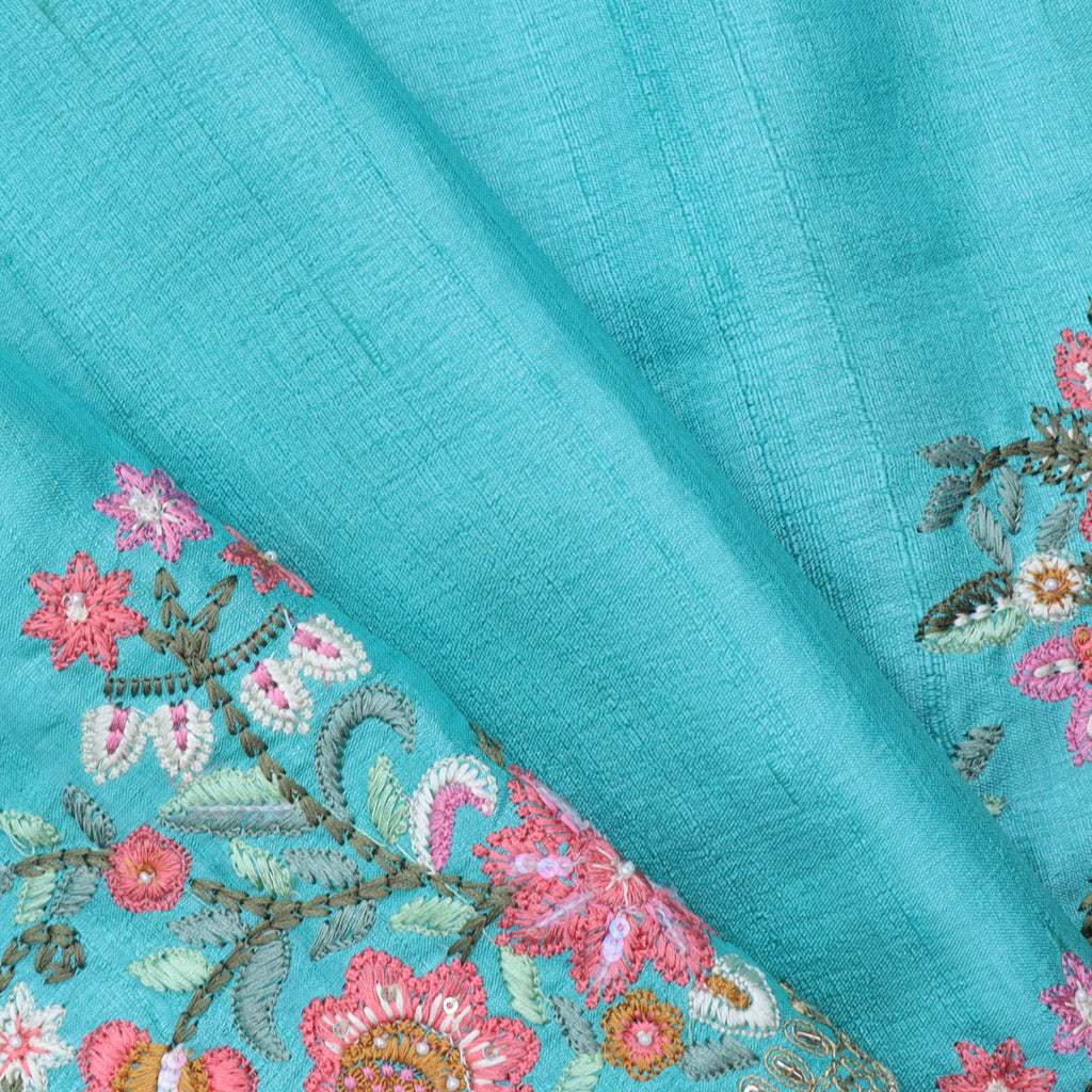 Blue Floral Embroidered Tussar Saree - Singhania's