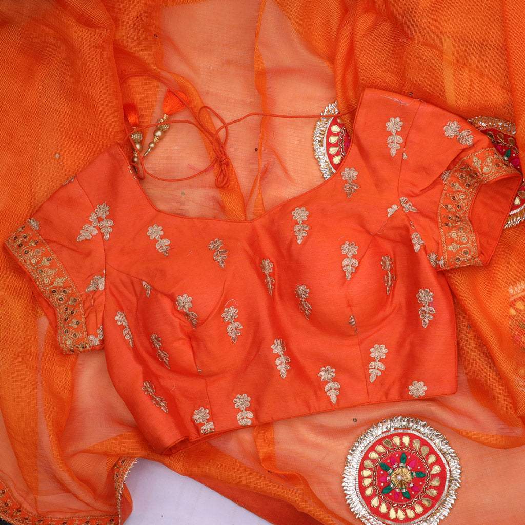 Bright Orange Embroidery Silk Kota Saree - Singhania's