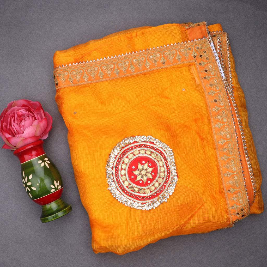 Mustard Yellow Silk Kota Saree With Applique Embroidery - Singhania's