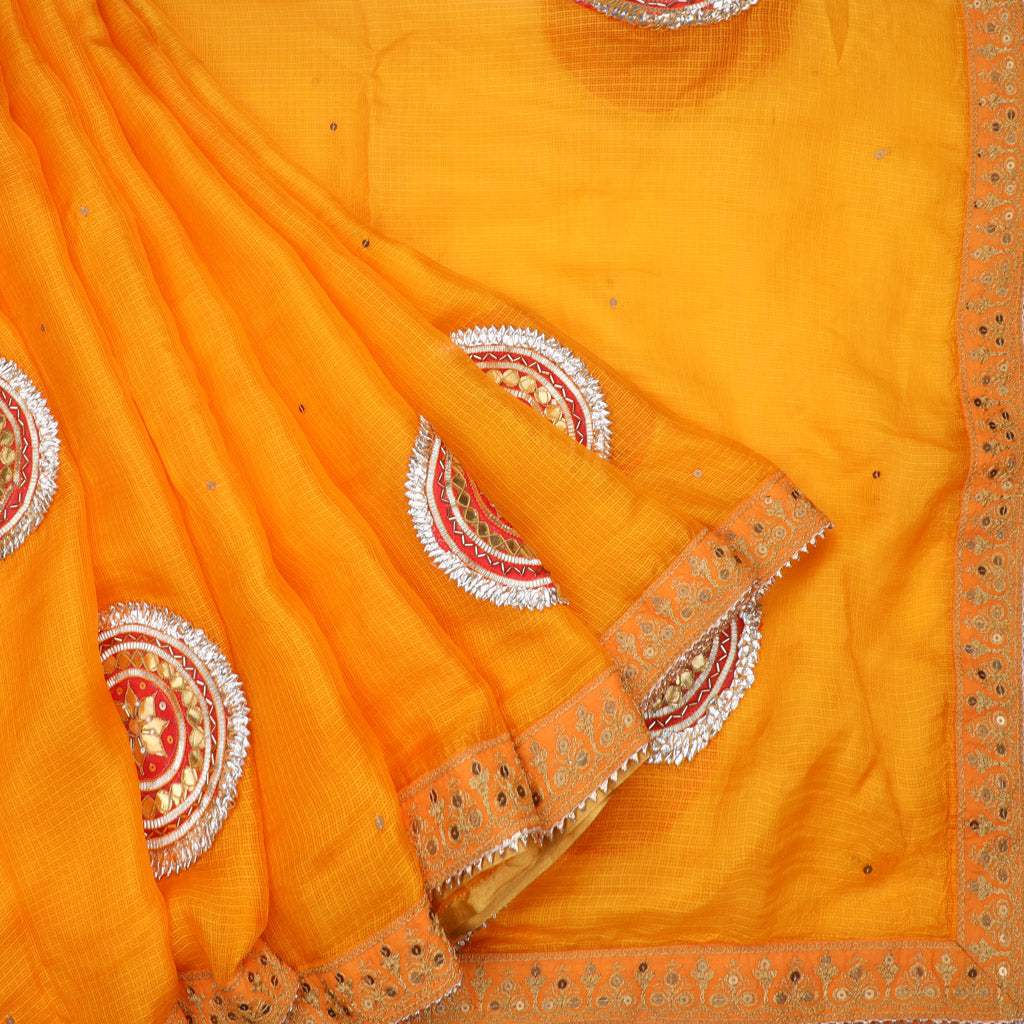 Mustard Yellow Silk Kota Saree With Applique Embroidery - Singhania's