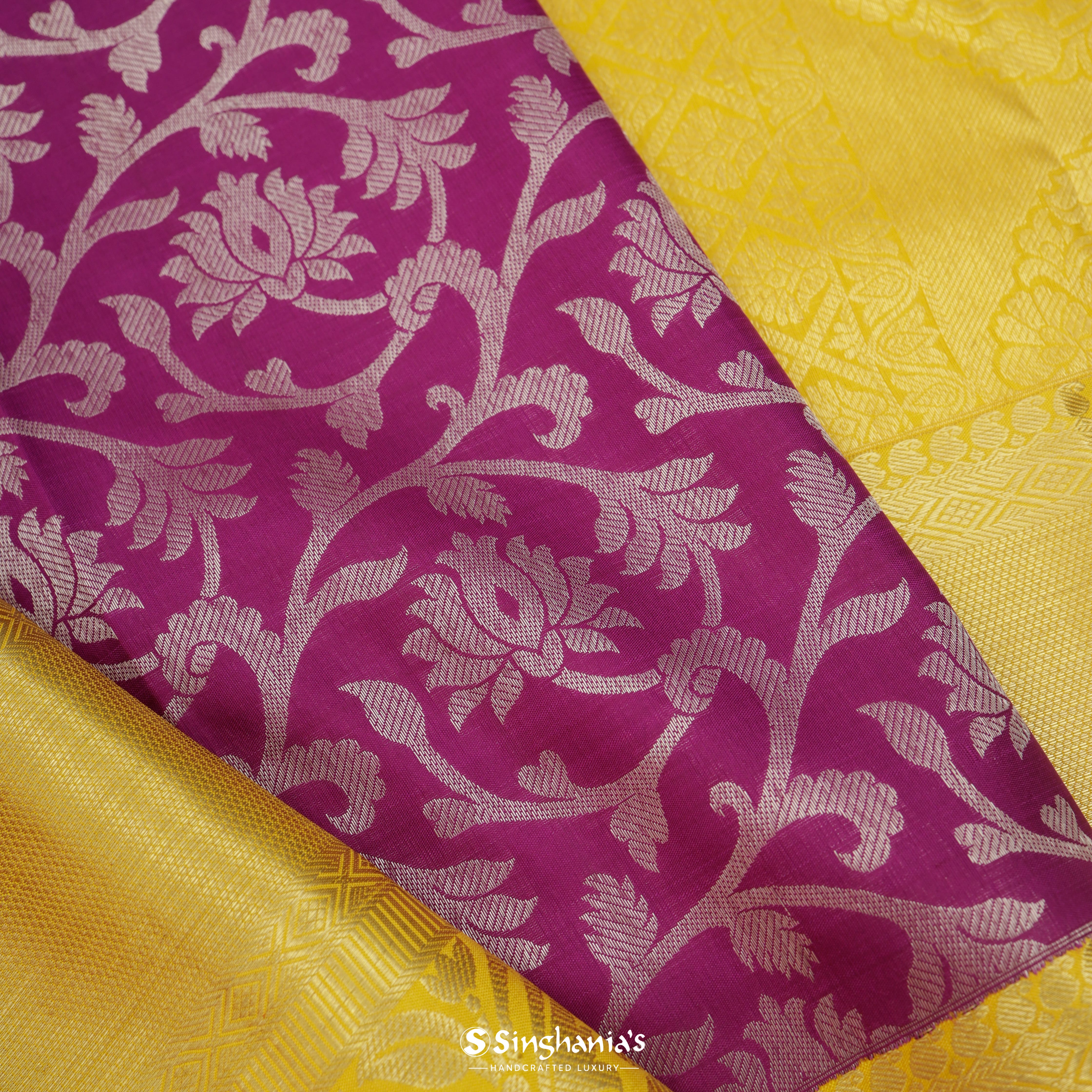Deep Magenta Pink Silk Kanjivaram Saree With Floral Jaal Pattern