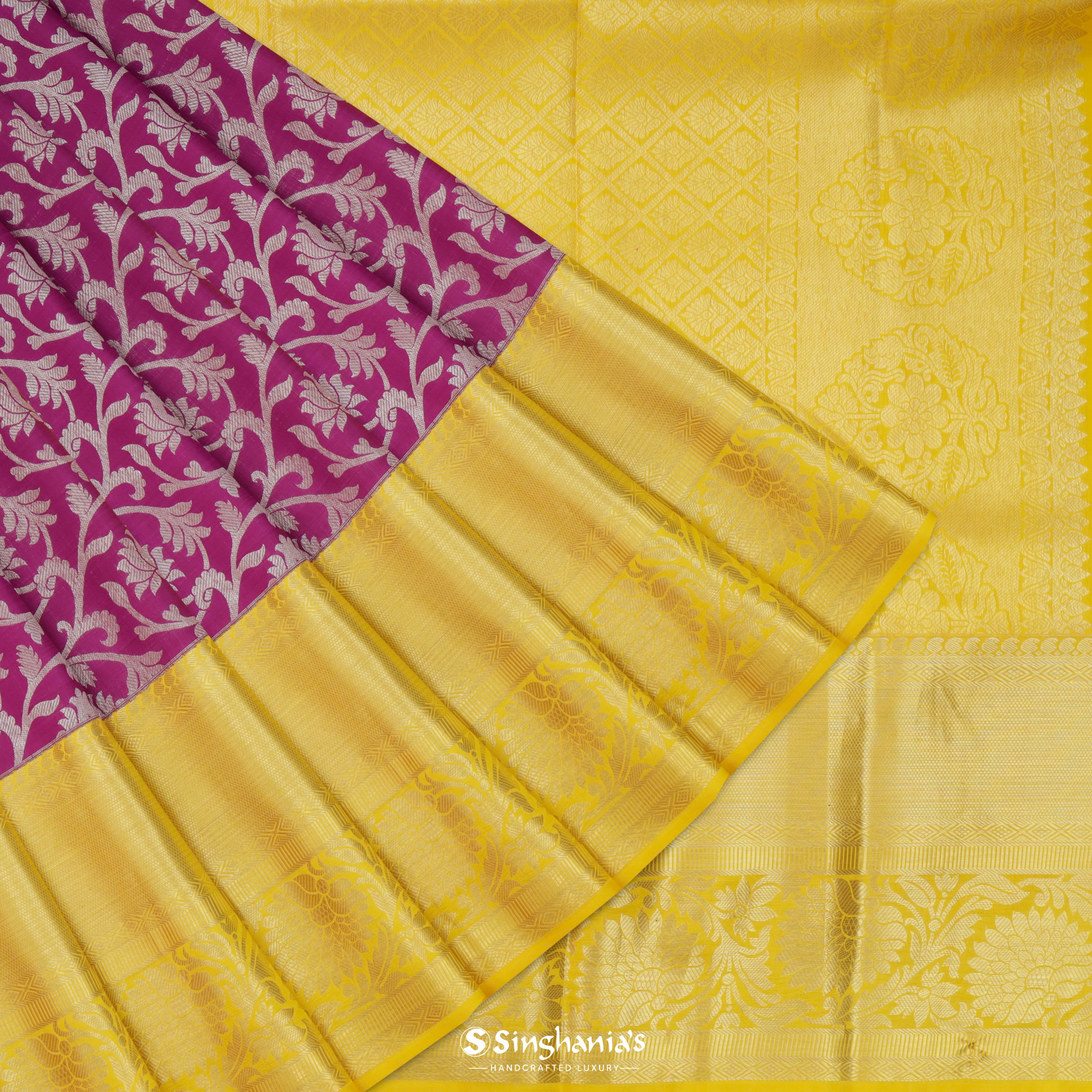 Deep Magenta Pink Silk Kanjivaram Saree With Floral Jaal Pattern