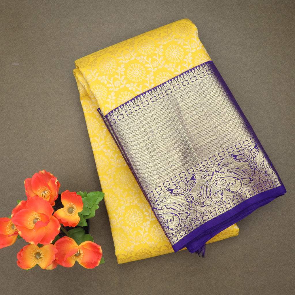 Sunshine Yellow Kanjivaram Silk Saree With Floral Jaal Design - Singhania's