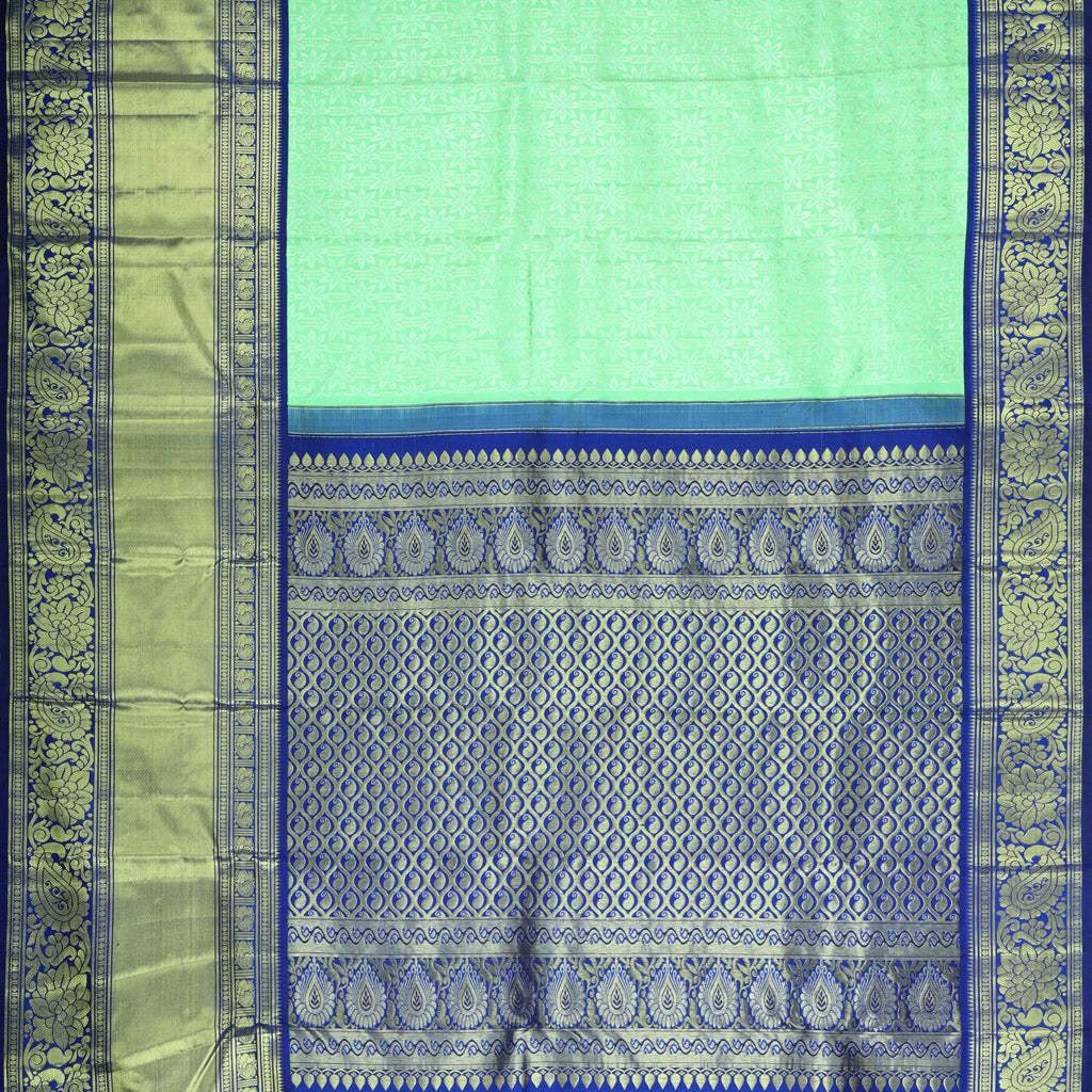 Mint Green Kanjivaram Silk Saree With Floral Motifs - Singhania's