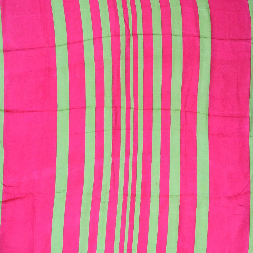 Green Pink Printed Satin Silk Saree With Stripes Pattern - Singhania's