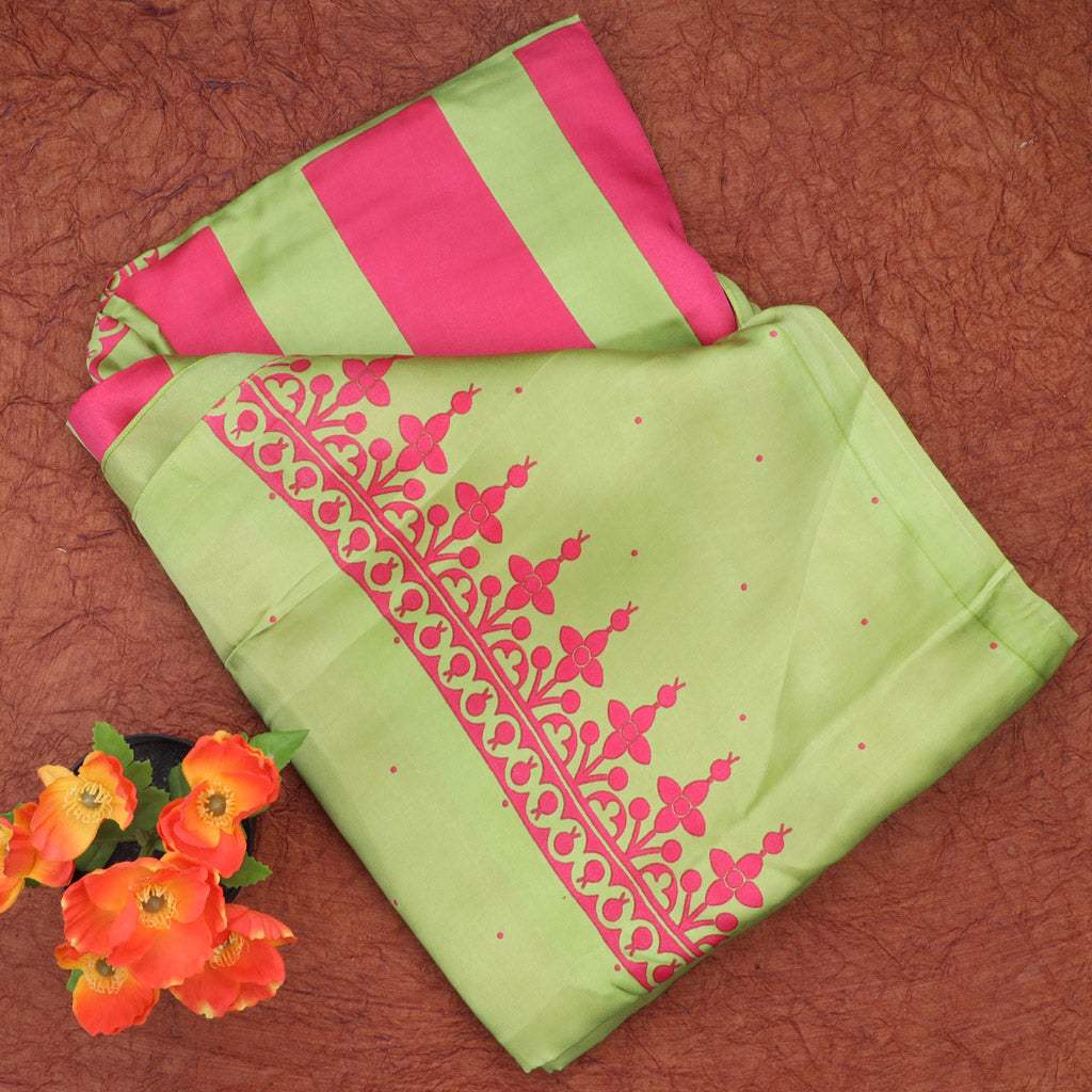 Green Pink Printed Satin Silk Saree With Stripes Pattern - Singhania's
