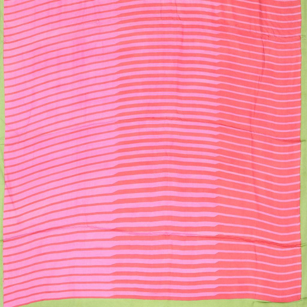 Pastel Green Pink Printed Satin Silk Saree With Stripes Pattern - Singhania's
