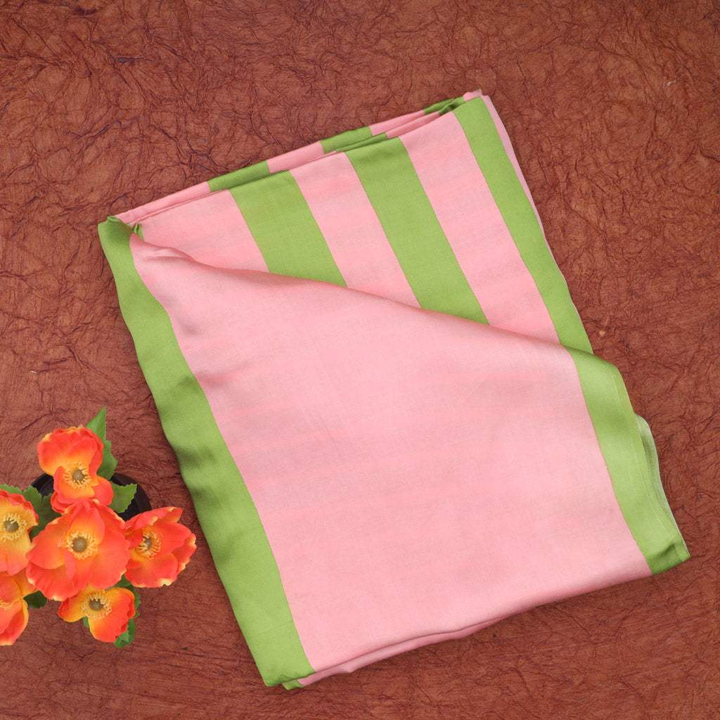Light Green Pink Printed Satin Silk Saree With Stripes Pattern - Singhania's