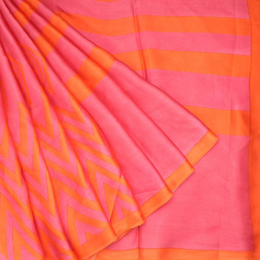 Orange Pink Printed Satin Silk Saree - Singhania's
