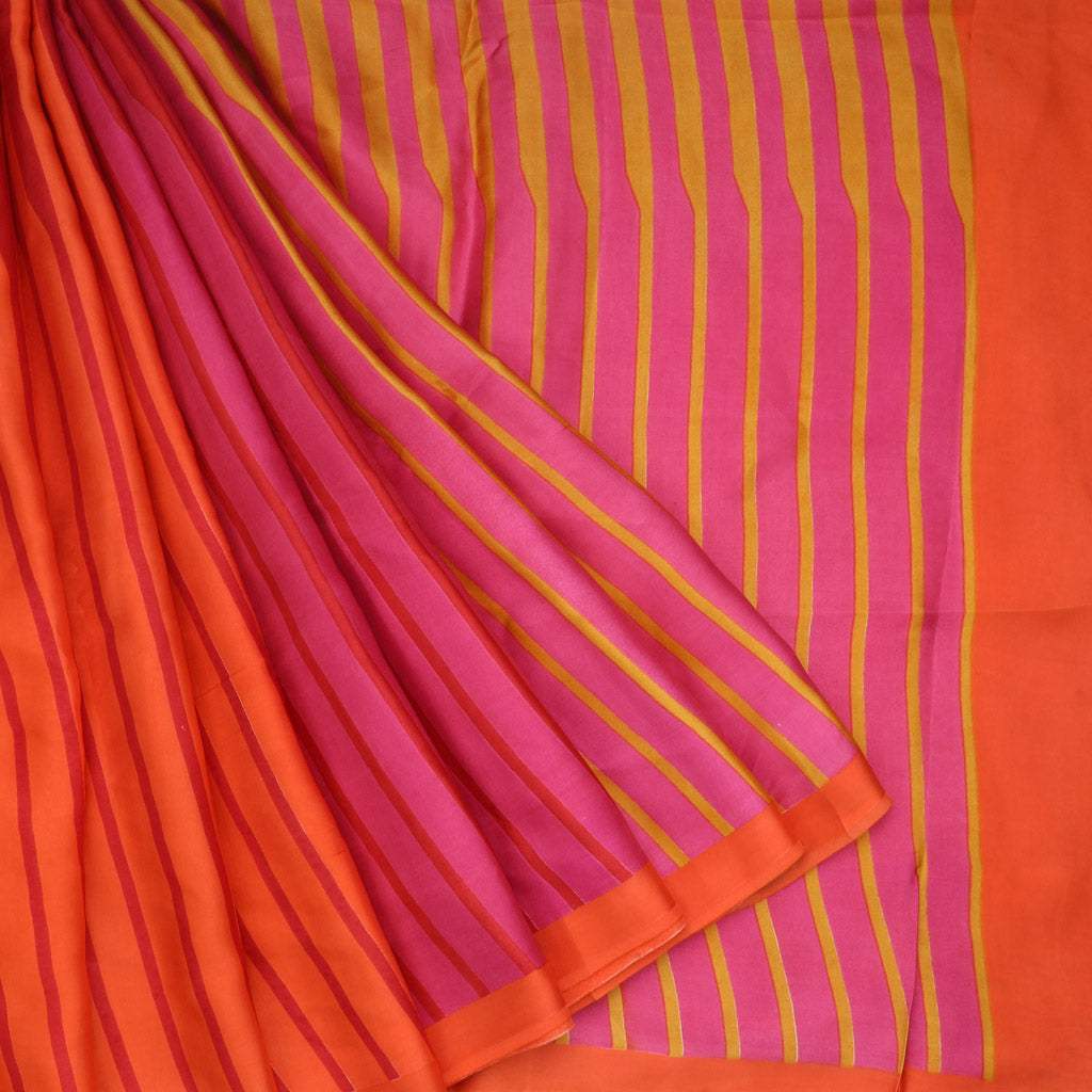 Multicolor Printed Satin Silk Saree With Stripes Pattern - Singhania's