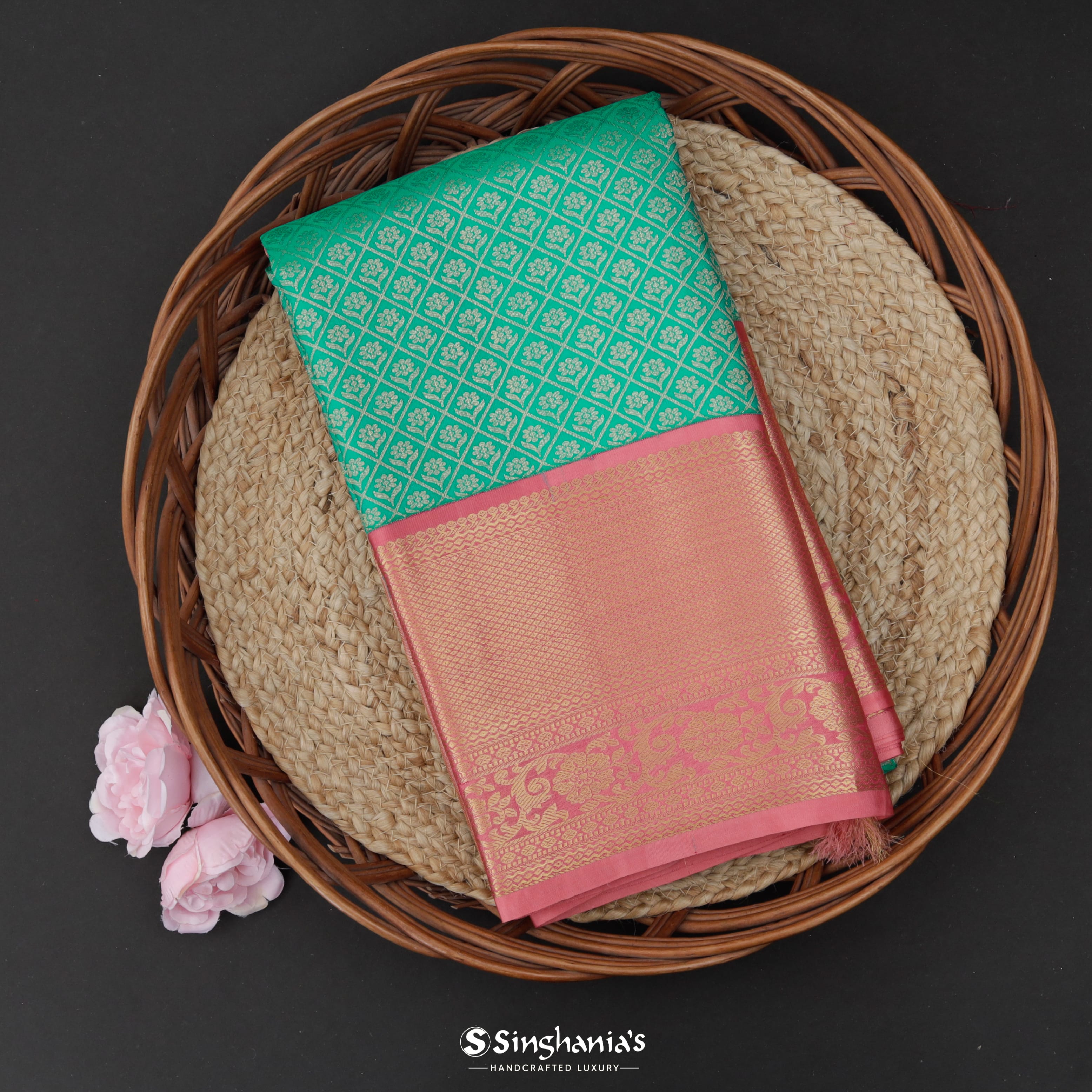 Cyan Green Silk Kanjivaram Saree With Floral Buttas