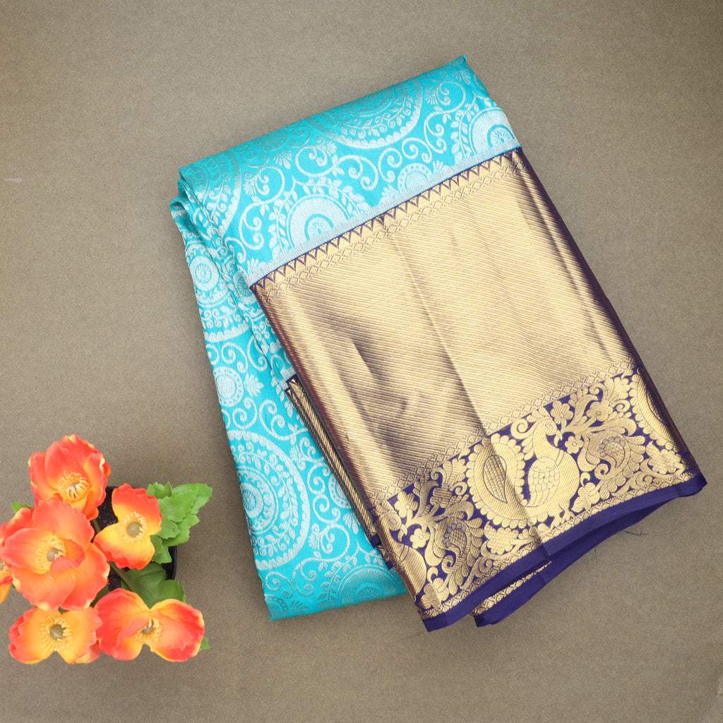 Light Sky Blue Kanjivaram Silk Saree With Floral Pattern - Singhania's