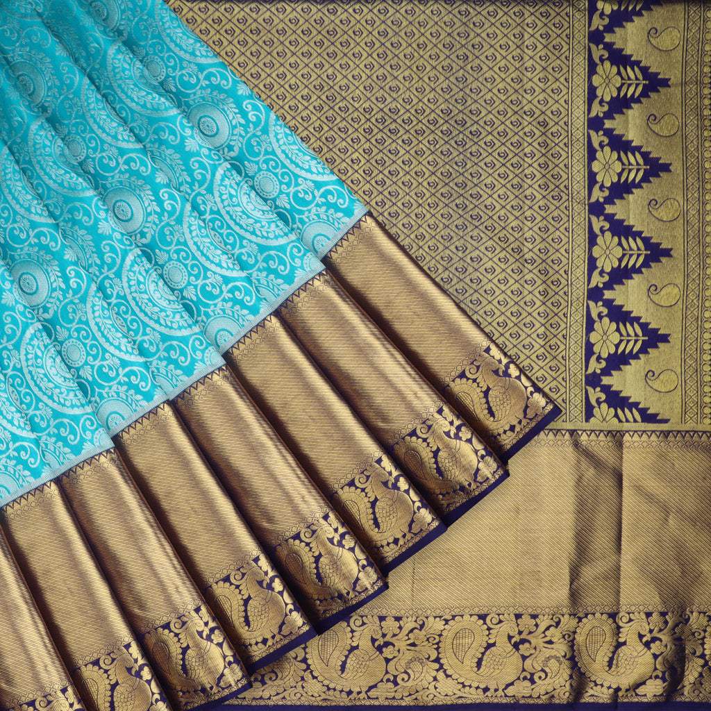 Light Sky Blue Kanjivaram Silk Saree With Floral Pattern - Singhania's