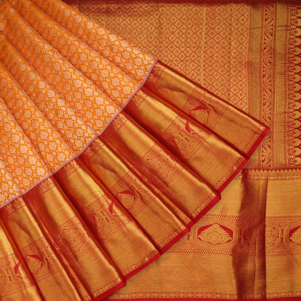 Vibrant Mango Orange Kanjivaram Silk Saree With Floral Buttis - Singhania's