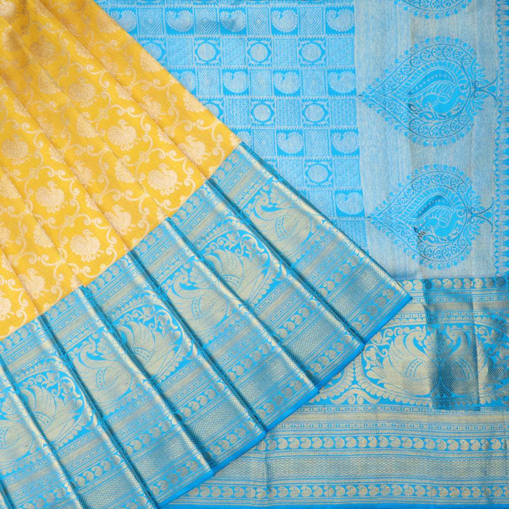 Yellow Kanjivaram Silk Saree With Jaal Design - Singhania's
