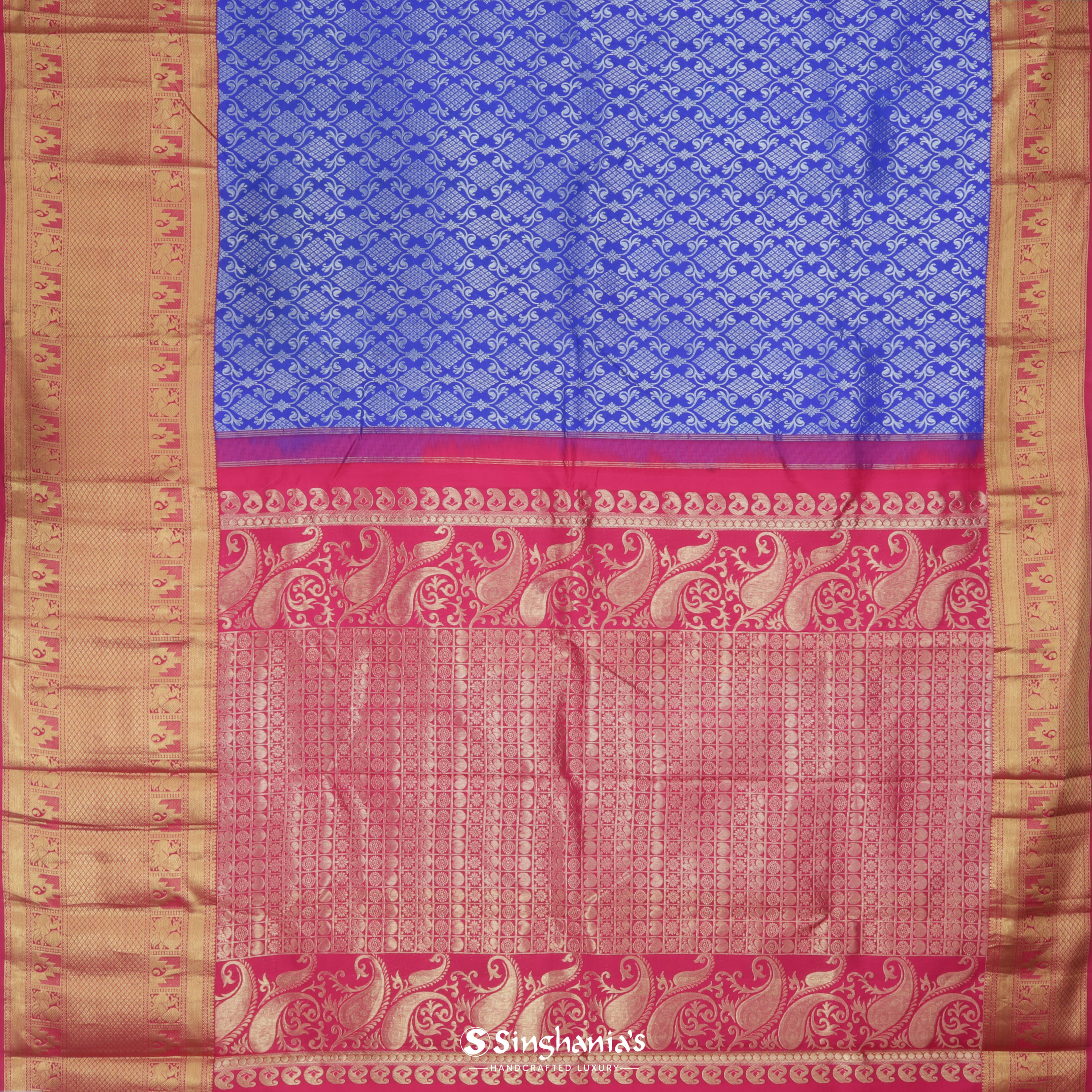 Indigo Blue Silk Kanjivaram Saree With Floral Jaal Design