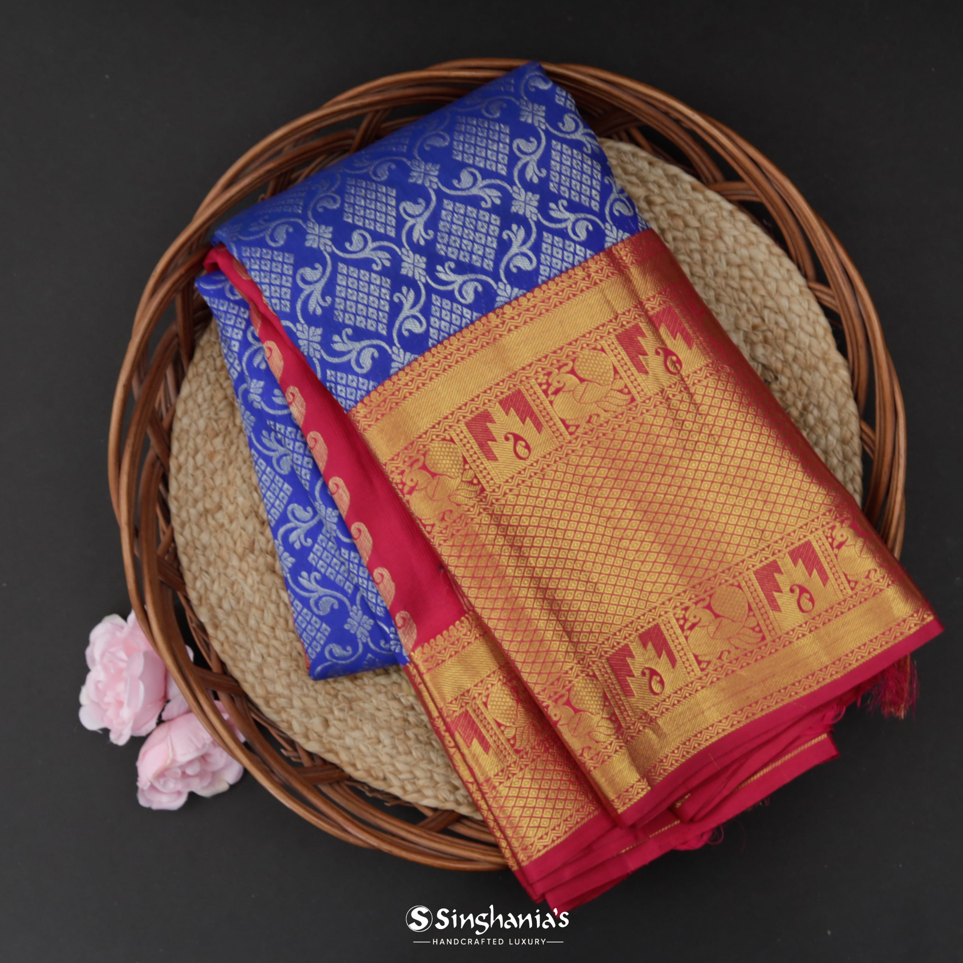 Indigo Blue Silk Kanjivaram Saree With Floral Jaal Design