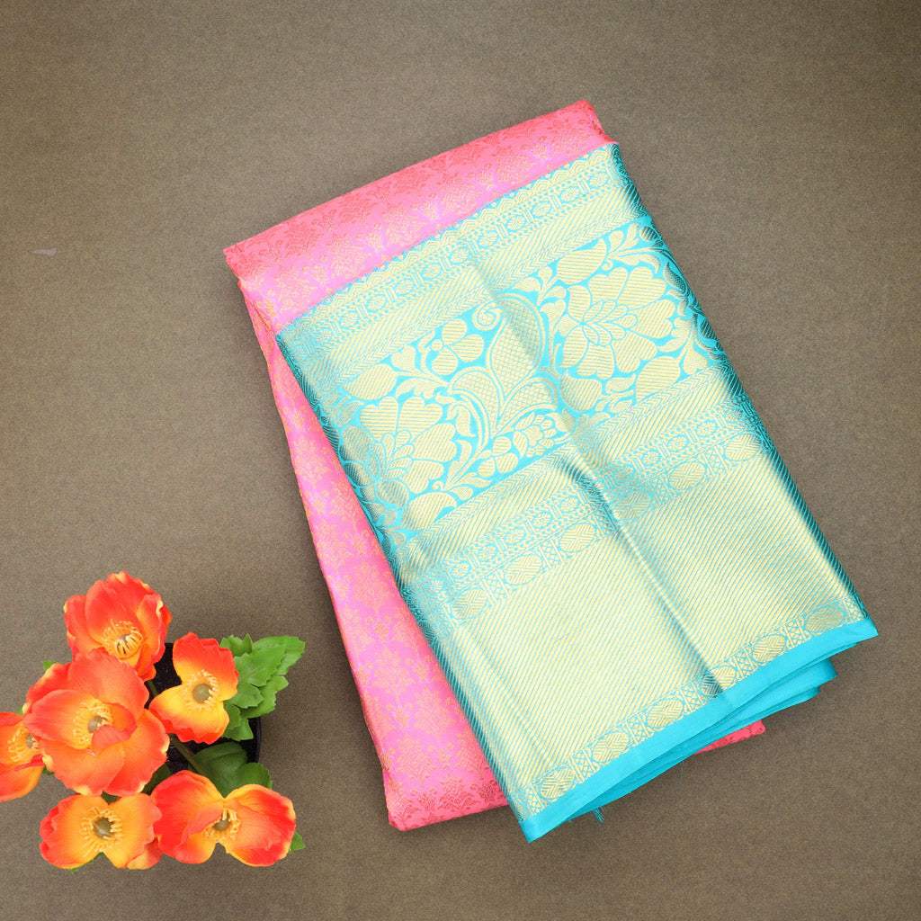 Baby Pink Kanjivaram Silk Saree With Floral Motifs - Singhania's