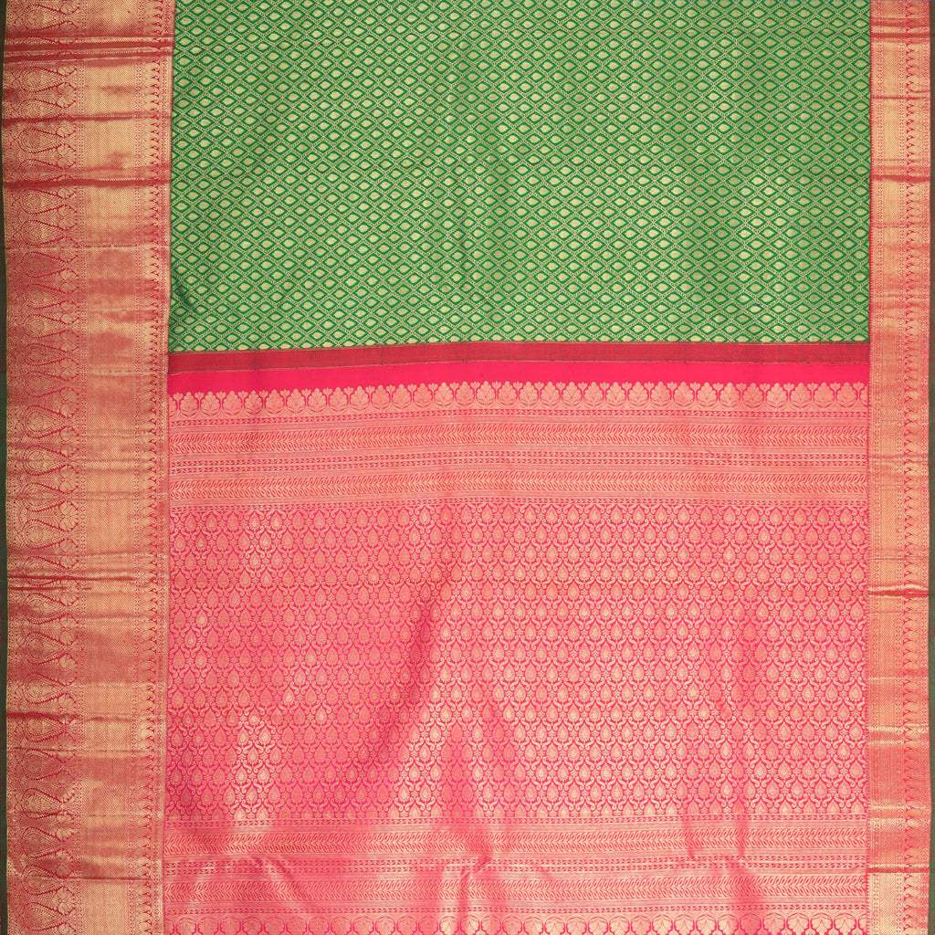 Green Kanjivaram Silk Saree With Leaf Buttis - Singhania's