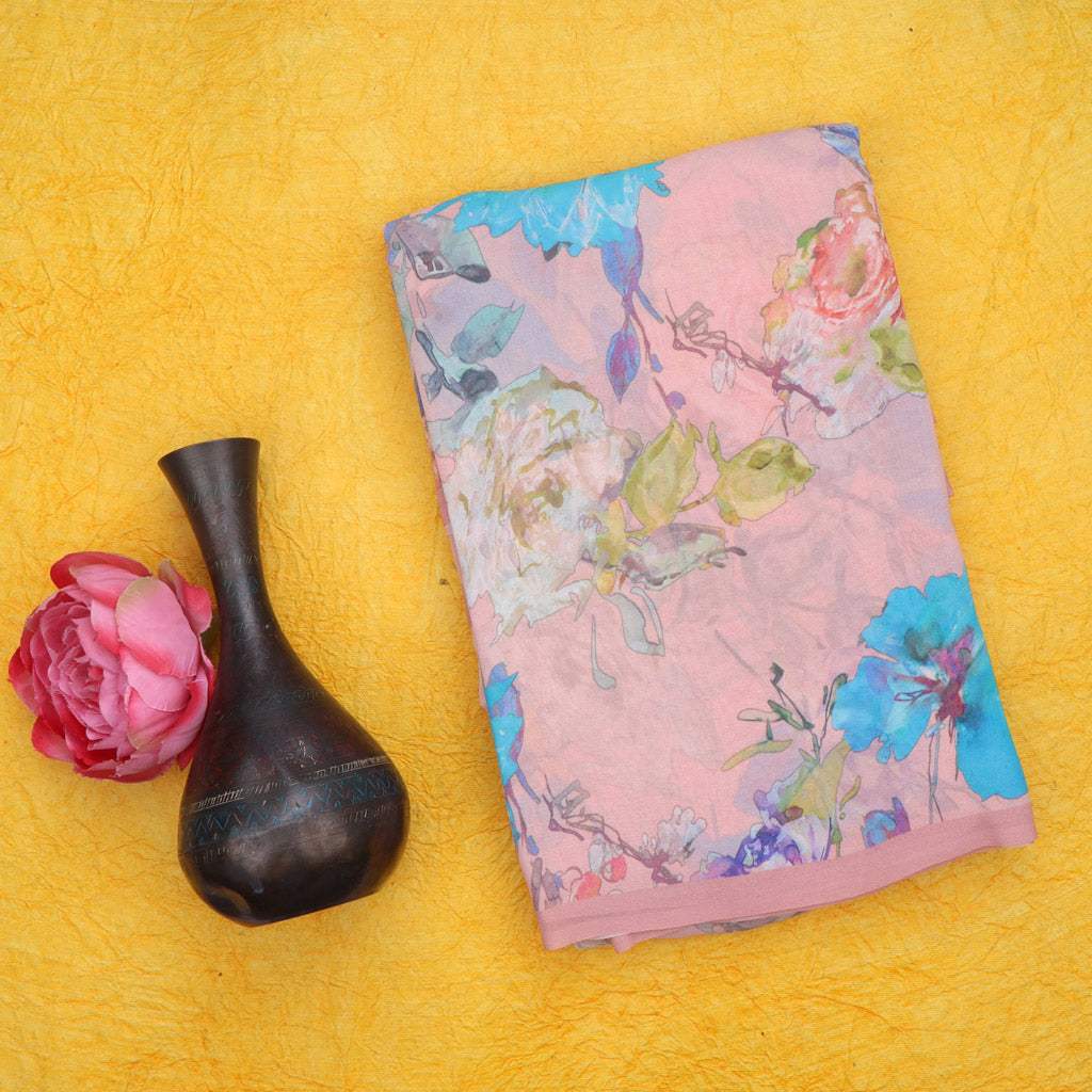 Pastel Pink Floral Printed Silk Saree - Singhania's