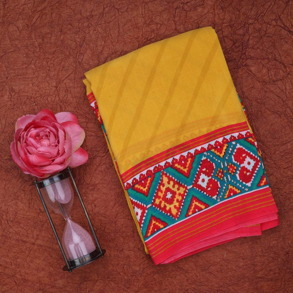 Cyber Yellow Printed Silk Saree With ikat Border - Singhania's