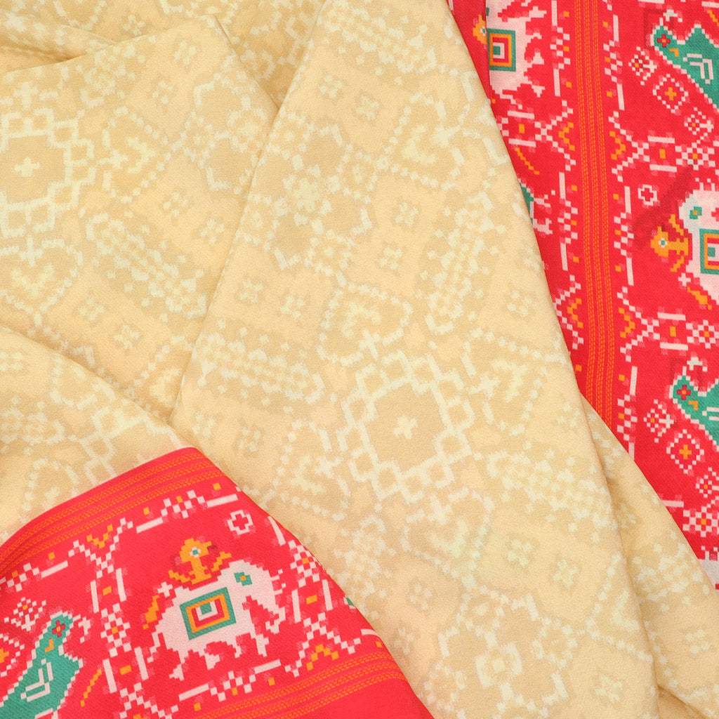 Cream Printed ikat Silk Handloom Saree - Singhania's