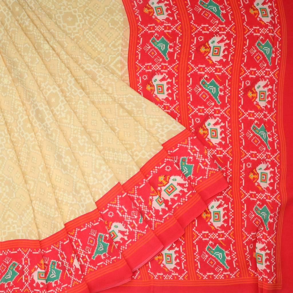 Cream Printed ikat Silk Handloom Saree - Singhania's