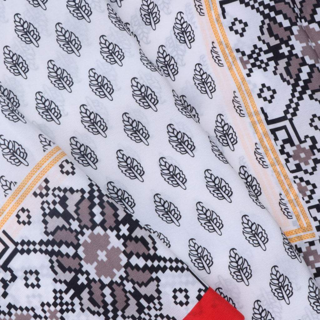 Pure White Printed Silk Saree With ikat Border - Singhania's