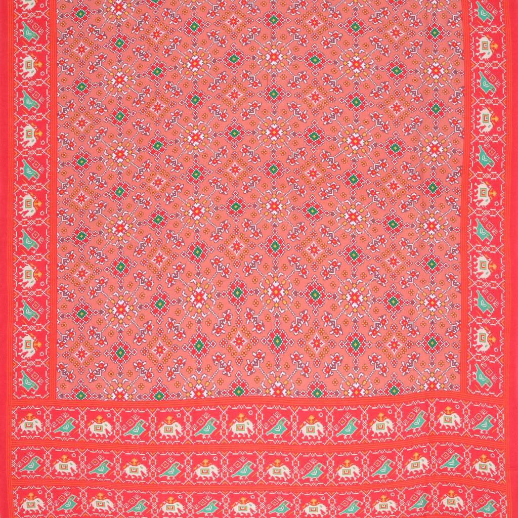 Coral Pink ikat Printed Silk Saree - Singhania's