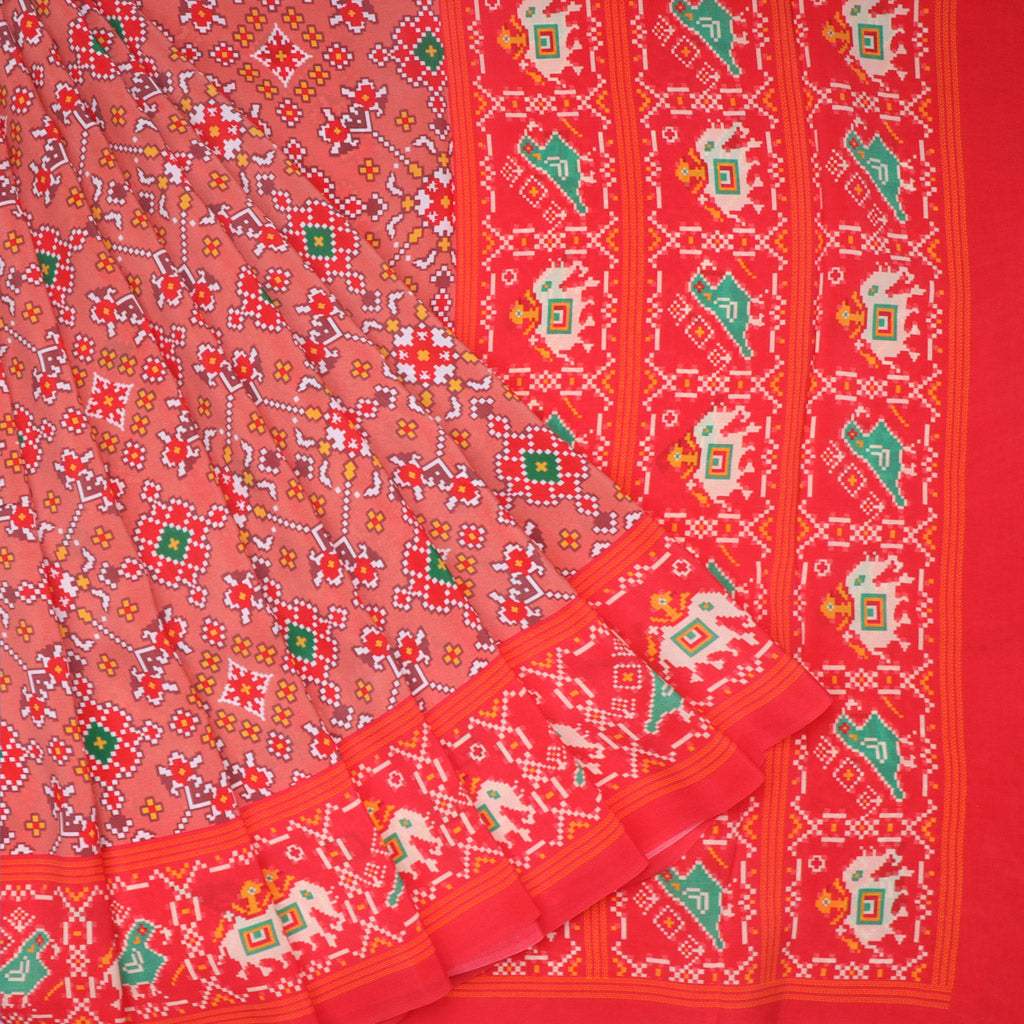 Coral Pink ikat Printed Silk Saree - Singhania's