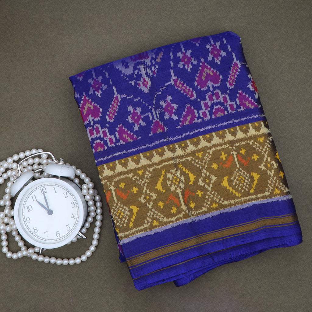 Blue Violet Ikat Silk Handloom Saree - Singhania's