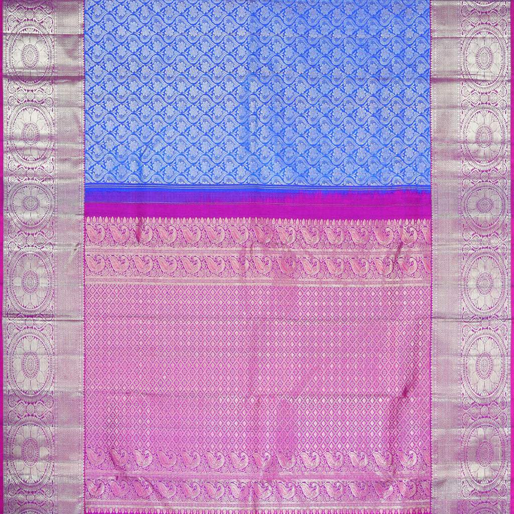 Cobalt Blue Kanjivaram Silk Saree With Floral Motifs - Singhania's