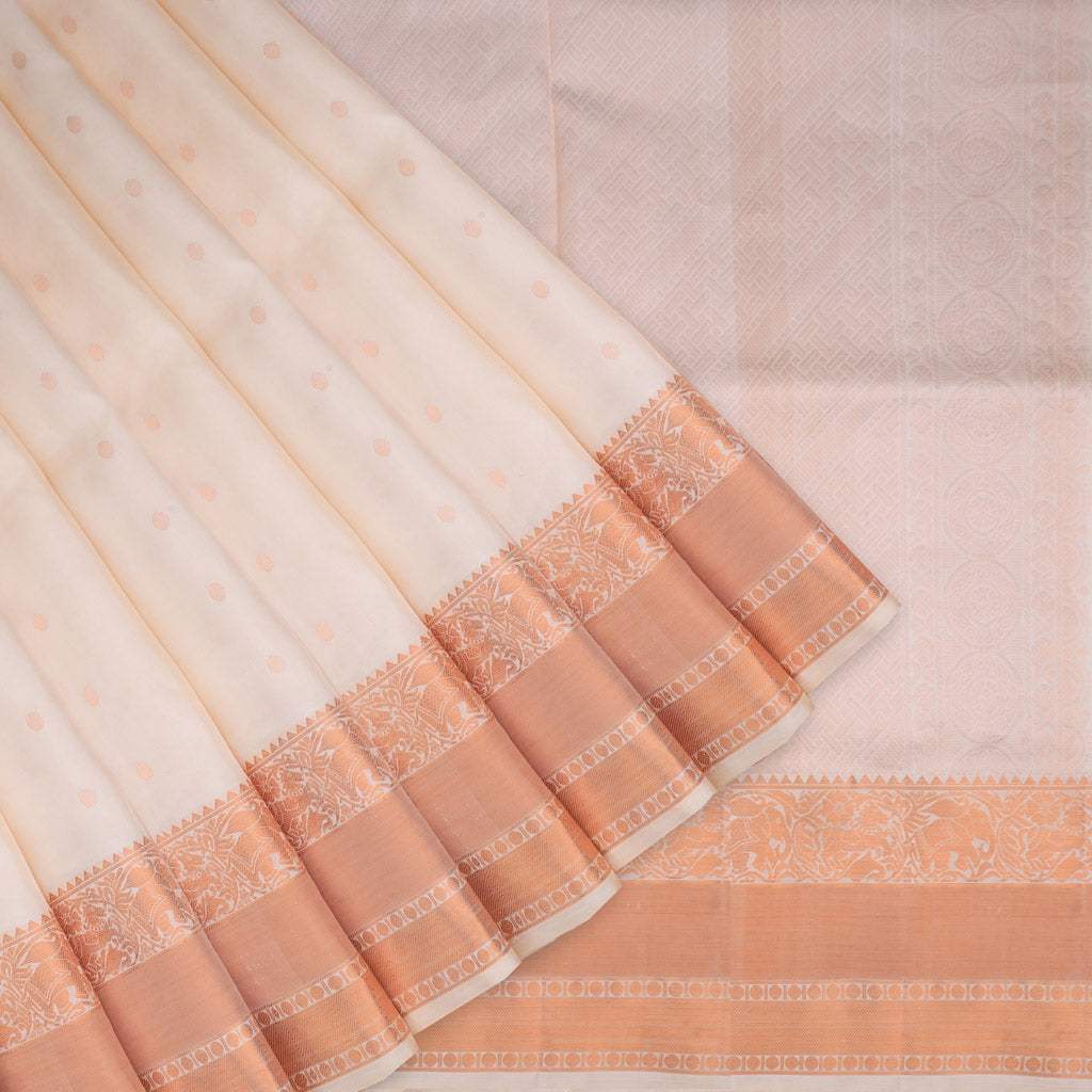 Off-White Kanjivaram Silk Saree With Copper Zari - Singhania's