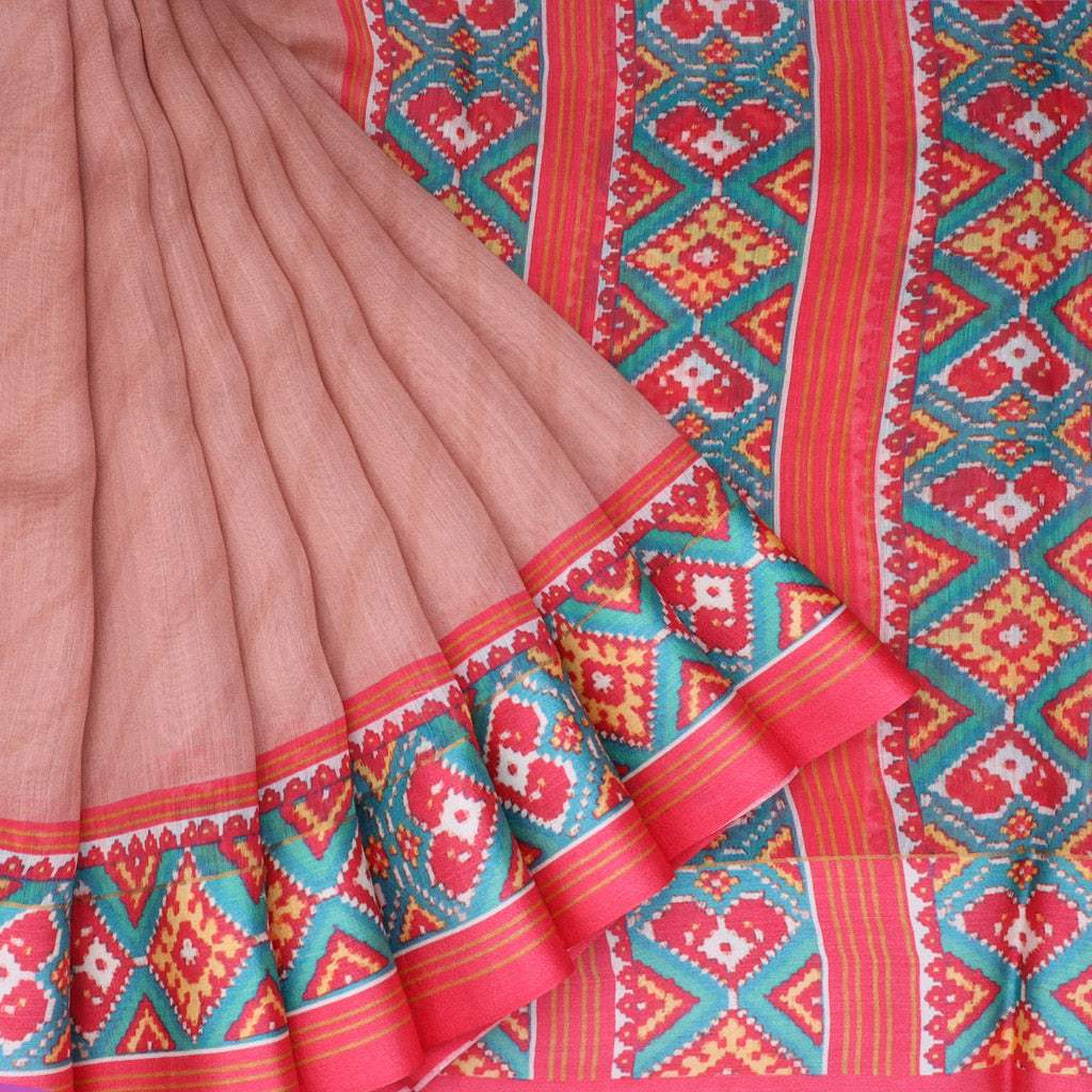 Dusty Pink Moonga Tussar Printed Saree With Patola Printed Border - Singhania's