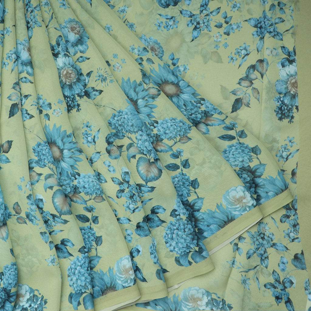 Sage Green Floral Printed Georgette Saree - Singhania's