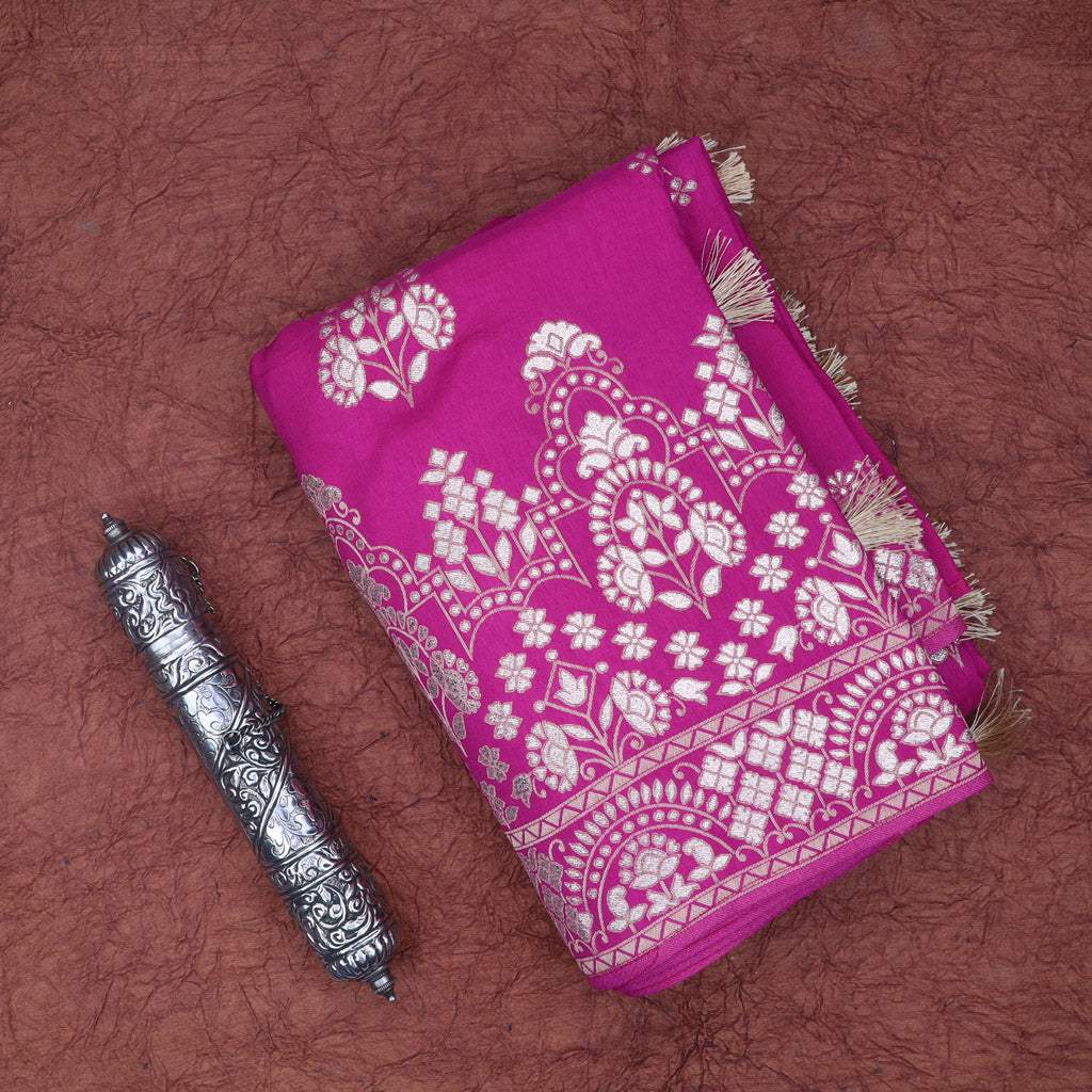 Magenta Designer Silk Saree With Floral Pattern - Singhania's