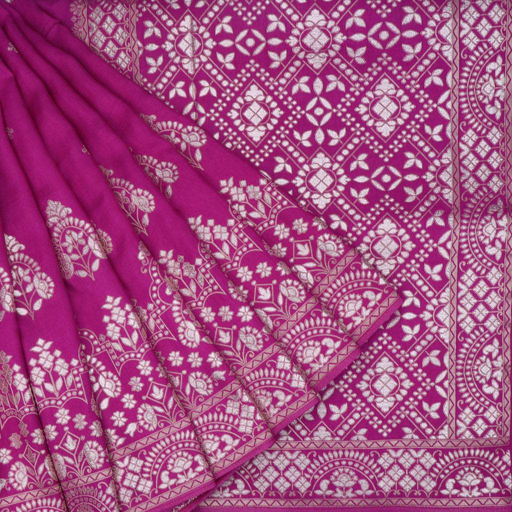 Magenta Designer Silk Saree With Floral Pattern - Singhania's