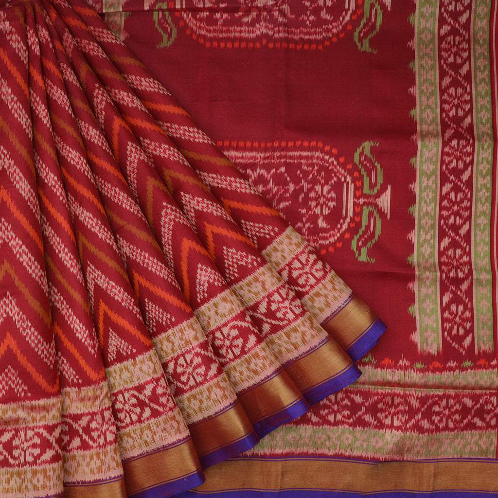 Deep Red Ikat Silk Handloom Saree - Singhania's
