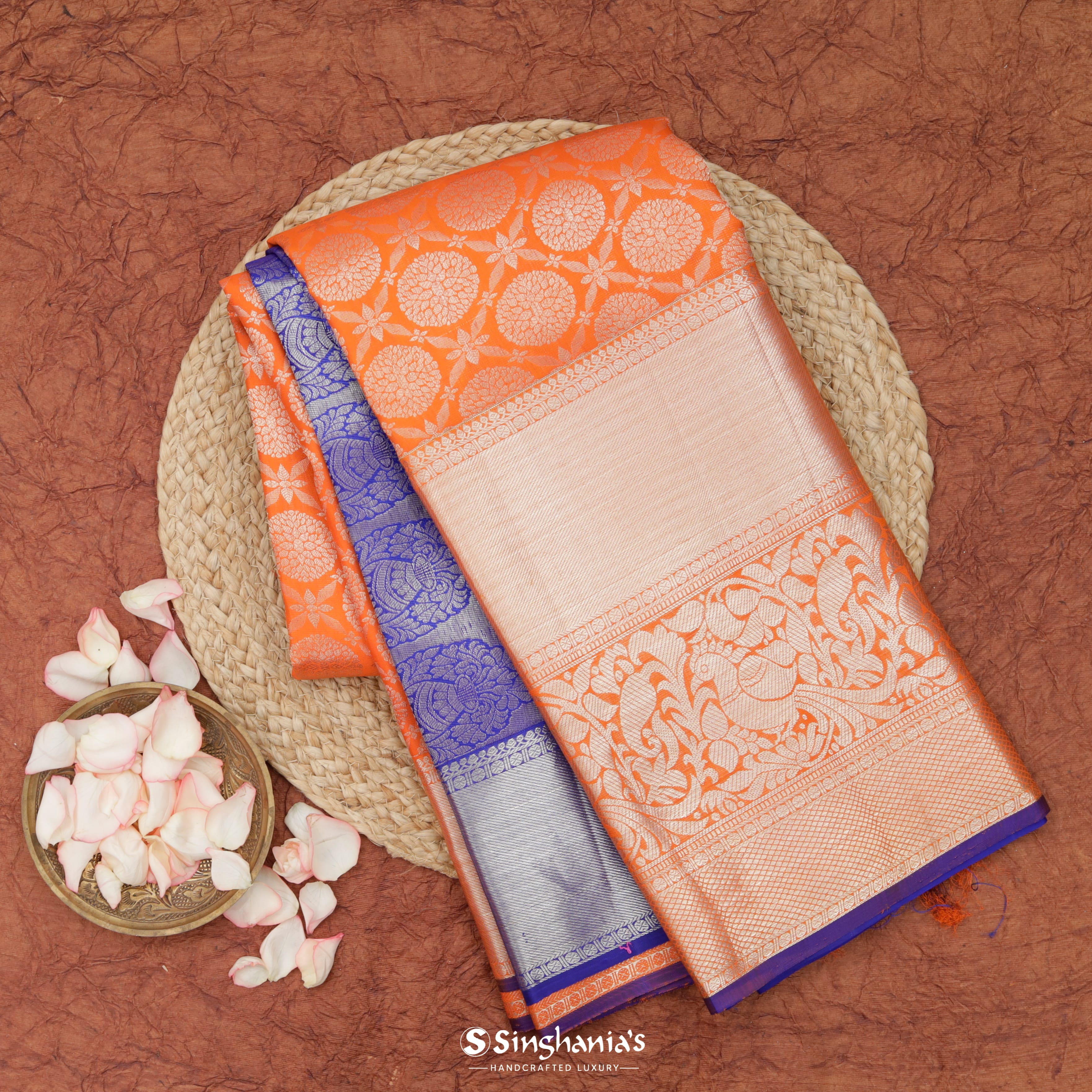 Tiger Orange Silk Kanjivaram Saree With Floral Buttas
