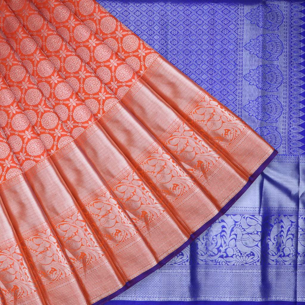 Vibrant Orange Kanjivaram Silk Saree With Floral Buttas - Singhania's