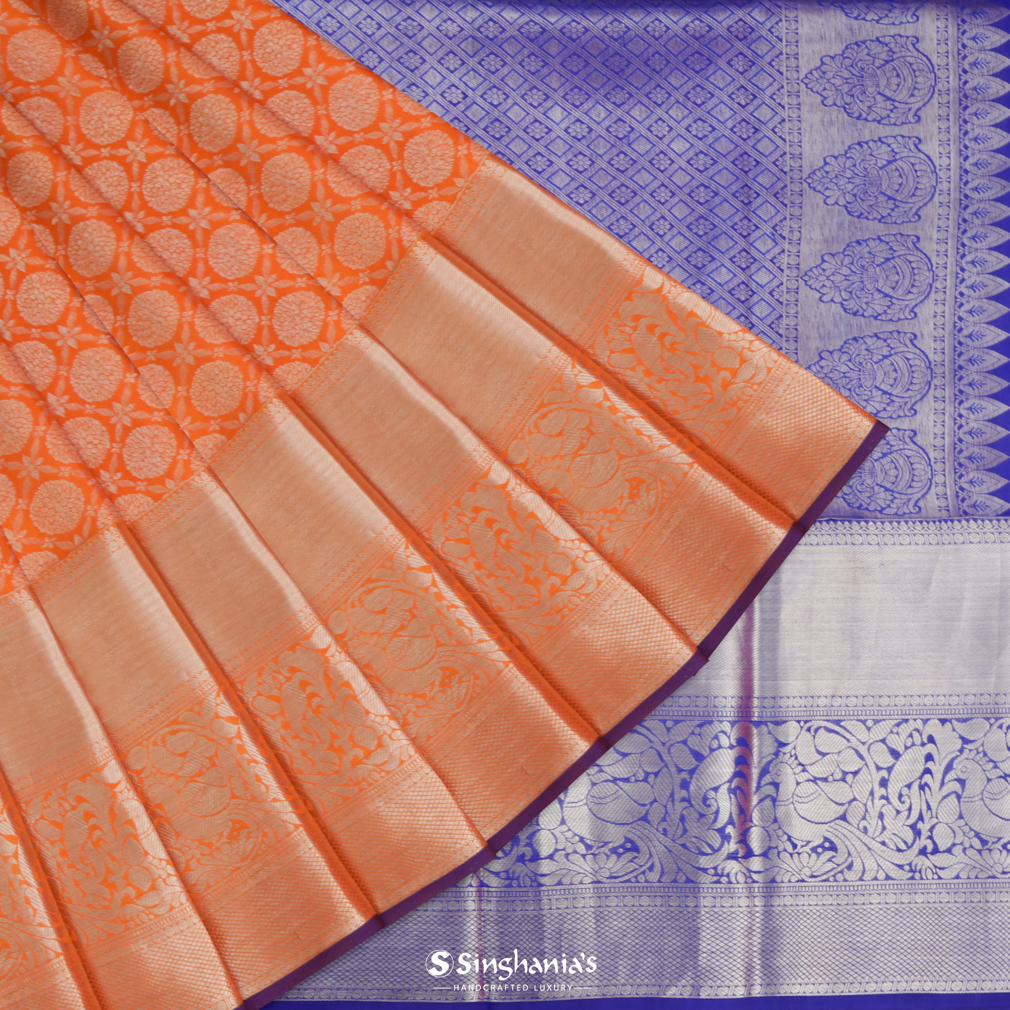 Tiger Orange Silk Kanjivaram Saree With Floral Buttas