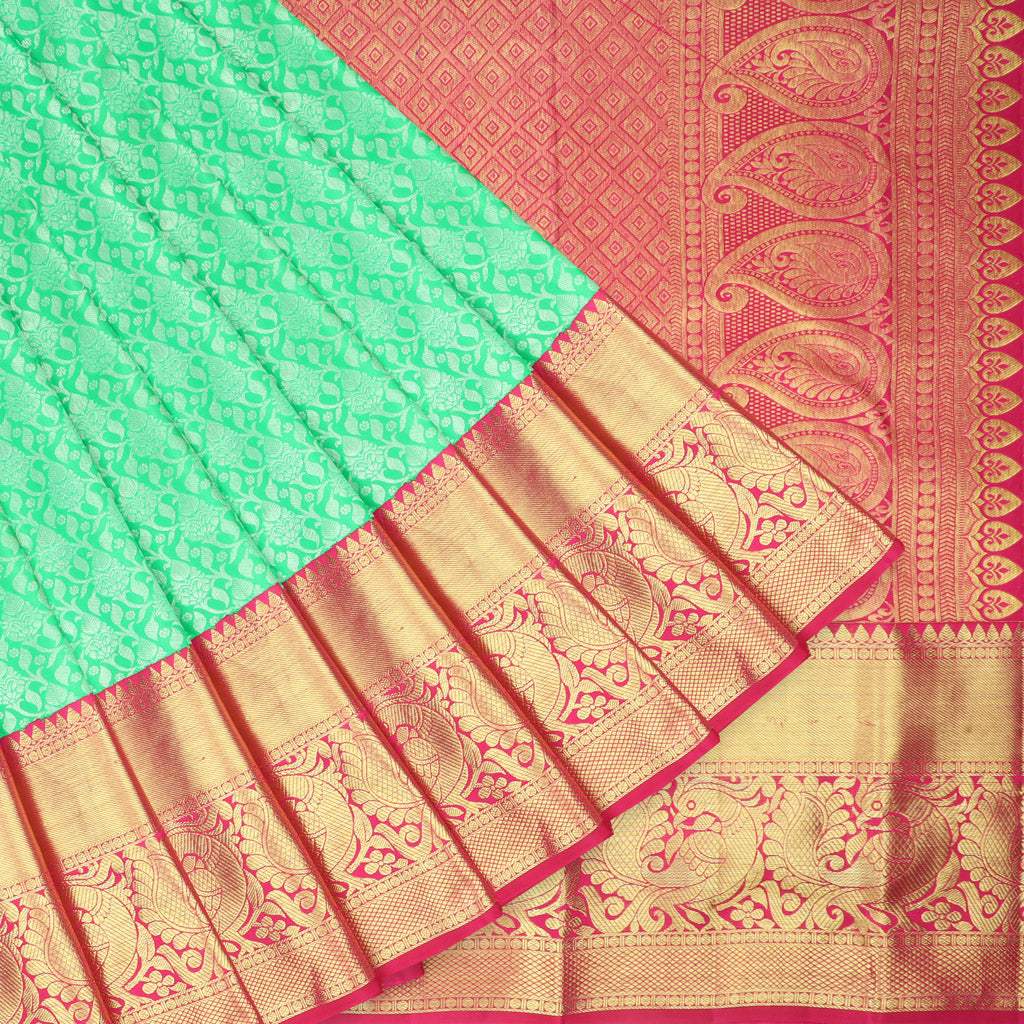 Spring Green Kanjivaram Silk Saree With Floral Pattern - Singhania's