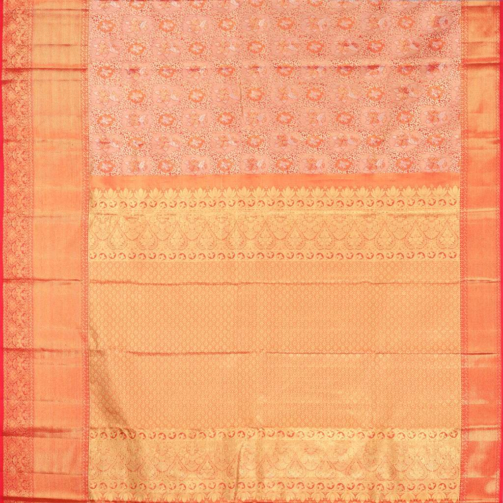 Dual Shade Beige Orange Tissue Kanjivaram Silk Saree With Jaal Design - Singhania's