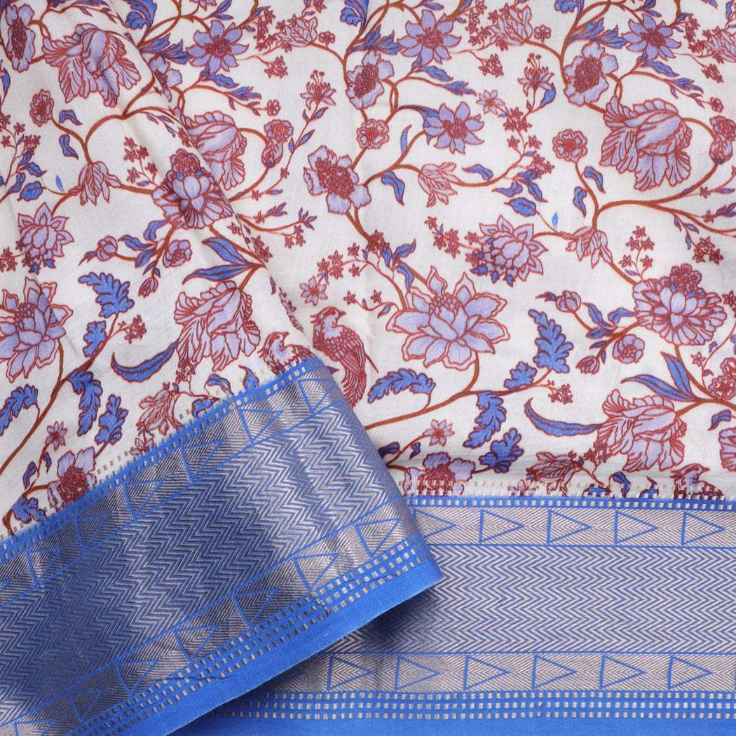 White Printed Cotton Saree - Singhania's