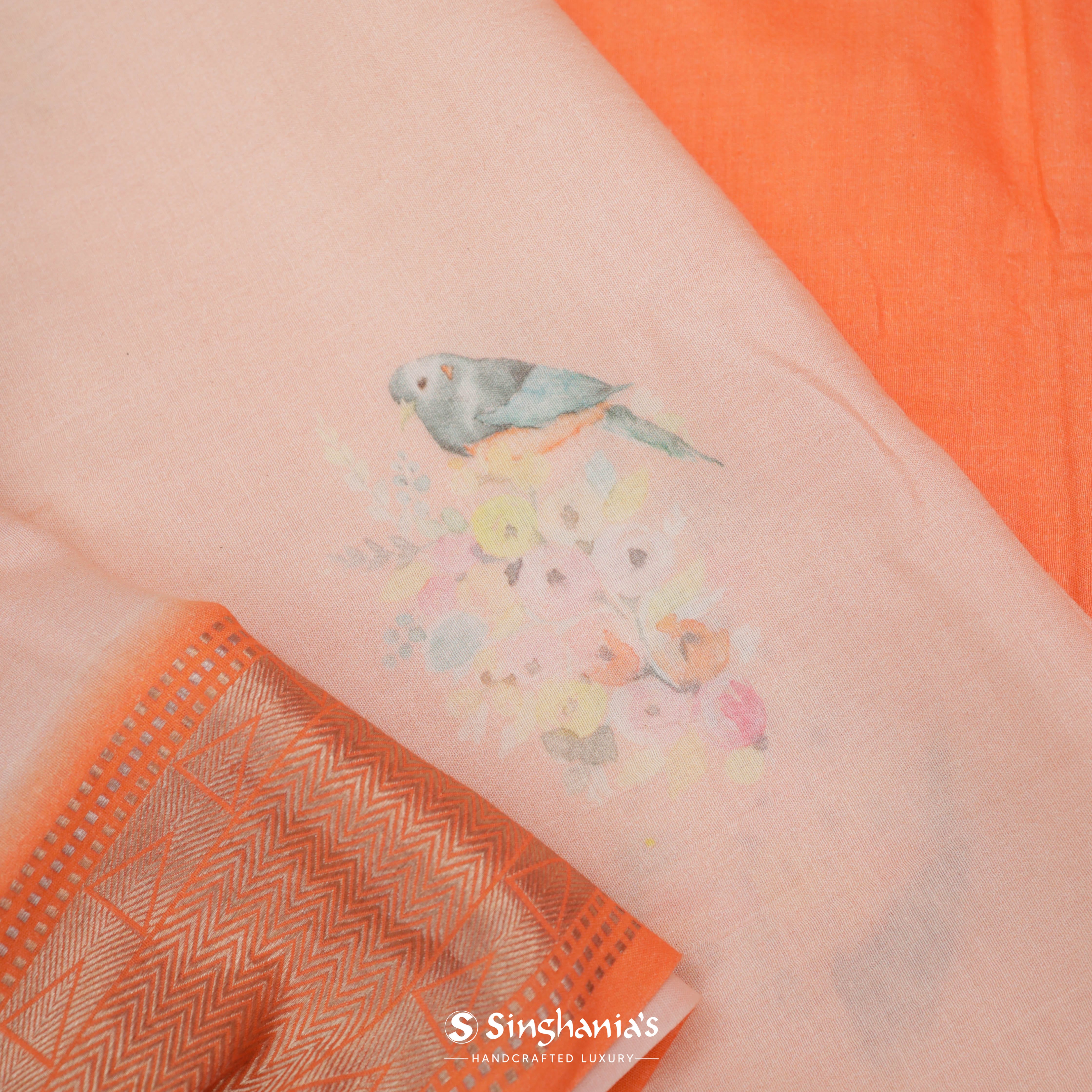 Pastel Peach Cotton Eri Printed Saree With Nature Inspired Birds Motifs